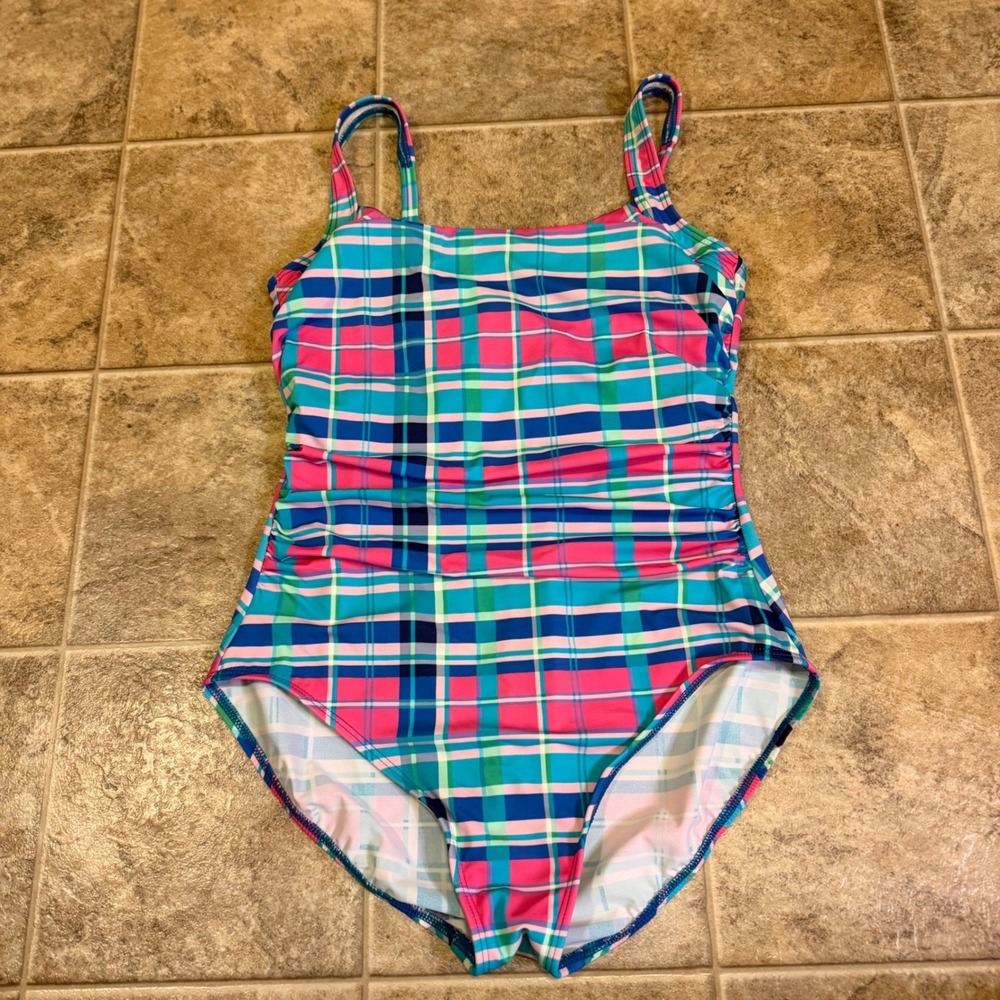 Talbots Pink Blue Plaid Ruched One Piece Swimsuit Size‎ 14 Underwire